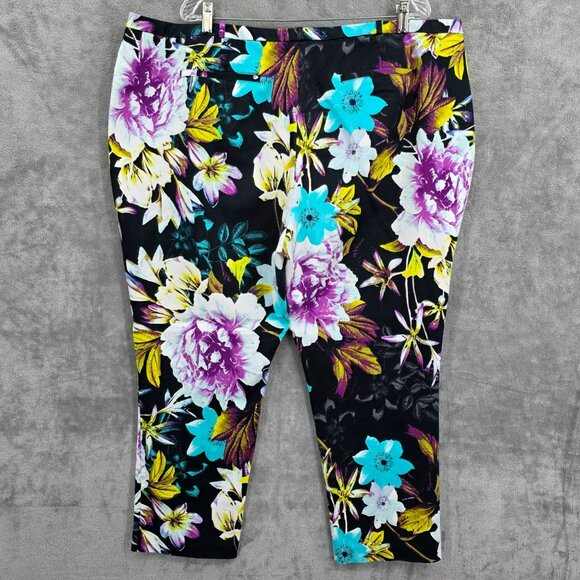 Worthington Slim Fit Cropped Pants 22W Black Colorful Floral Work Dressy Cotton - Picture 10 of 11